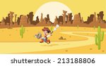 Cartoon cowboy kid galloping on Wild west  