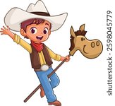 Cartoon cowboy kid galloping on toy horse