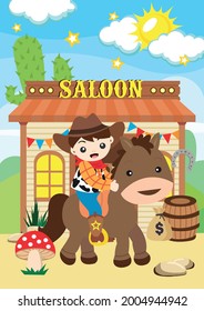 Cartoon cowboy kid in wild west town illustration