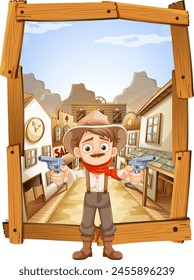 Cartoon cowboy in a lively western town scene.