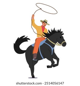 Cartoon Cowboy Male Character Wearing Hat And Boots, Riding A Horse While Lassoing. Image Conveys Action, Adventure, And Western Themes With A Playful And Dynamic Style. Vector Illustration