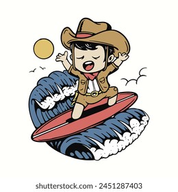 a cartoon of a cowboy on a surfboard illustration