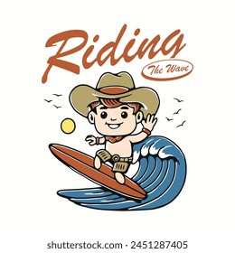 a cartoon of a cowboy on a surfboard illustration