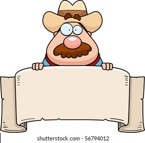 A cartoon cowboy with a paper banner.