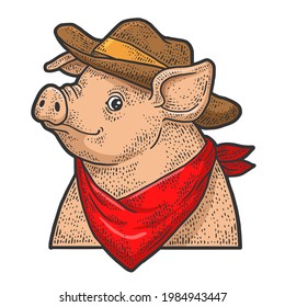 Cartoon cowboy piggy color line art sketch engraving vector illustration. T-shirt apparel print design. Scratch board imitation. Black and white hand drawn image.