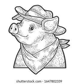 Cartoon cowboy piggy sketch engraving vector illustration. T-shirt apparel print design. Scratch board imitation. Black and white hand drawn image.