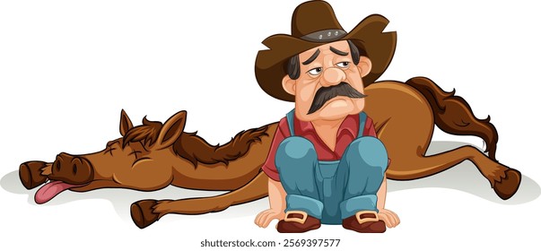 Cartoon cowboy resting with a sleeping horse