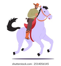 Cartoon Cowboy Riding A Horse With A Dynamic Pose. Male Character Displays A Classic Western Style, Complete With A Hat And Boots. Vector Illustration Captures The Essence Of Wild West Adventure