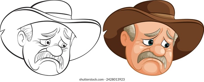 Cartoon cowboy with a sad, thoughtful expression.