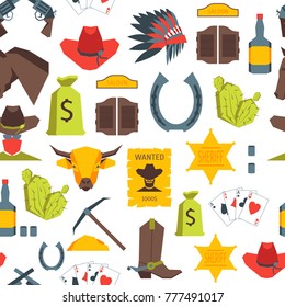 Cartoon Cowboy Seamless Pattern Background on a White American Culture Flat Style Design. Vector illustration