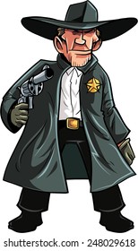 Cartoon cowboy sheriff pulling a gun. Isolated on white