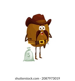 Cartoon cowboy, sheriff, robber, bandit and ranger kiwi fruit character. Vector wild west hero tropical fruit in hat and bell with bullets stand near money sack. Western personage, healthy food