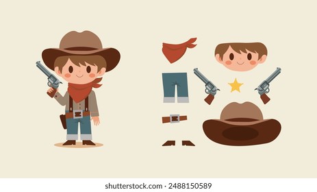 cartoon cowboy, cowboy sheriff set, revolvers, a boy in a hat with a revolver, illustration, vintage illustration on a light background