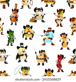 Cartoon cowboy and sheriff tex mex characters pattern. Textile vector pattern, wallpaper or wrapping paper print with beer, tamale, burrito, enchilada, tequila and pulque cute Wild West personages