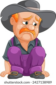 Vaquero de dibujos animados sentado, luciendo abatido y considerado.