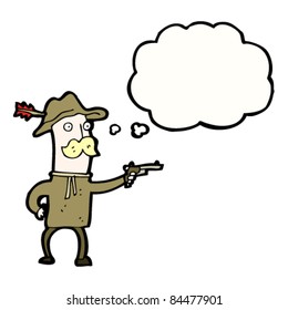 cowboy de desenho animado com bolha de pensamento