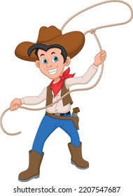 Cartoon Cowboy Twirling Lasso On White Background