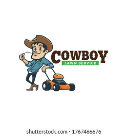 Cartoon Cowboy Vintage Retro Lawn Service Logo