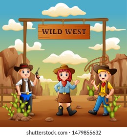 Cartoon cowboys and cowgirl in wild west background