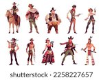 Cartoon cowboys. Funny cowboy and cowgirl, indian and saloon girl characters, different costumes and weapons, country and western style, sheriff and bandit with lasso and gun, tidy vector set