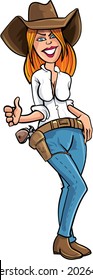 Cartoon cowgirl giving thumbs up  Isolated