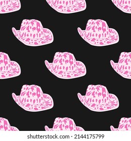 Cartoon Cowgirl hat with pink cow print on black. Horse Ranch. Cowboy hat repeating background. Cowboy western theme,wild west fashion style. Hand drawn trendy colored Vector seamless Pattern.