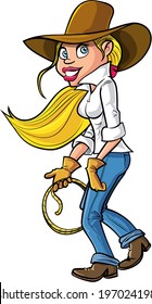 Cartoon Cowgirl With Lasso. Isolated On White