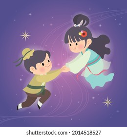 Cartoon cowherd and weaver girl with milky way starry background. Qixi Festival or Tanabata festival. Cute chibi Vega and Altair flat design. Chinese mythology vector illustration. 