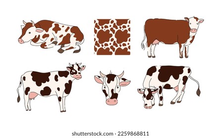 Vacas de caricatura. Animales de la explotación lechera, vacas tendidas y en pie con textura de manchas de vacas patrón de ilustración vectorial conjunto. Cernícalo con marcas negras o marrones sin costuras, caracteres silvestres