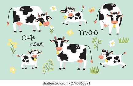 Cartoon cows collection with hand written, flowers, butterfly, herb. Happy farm animals, adults and calves, in various poses. White with black spots characters isolated on blue. Vector illustration.