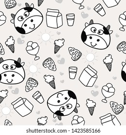 cartoon cows and dairy products linear seamless pattern