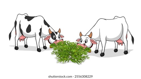 Cartoon Cows Eating Food Vector design, white cow, black dots cow, cartoon cow eating grass vector