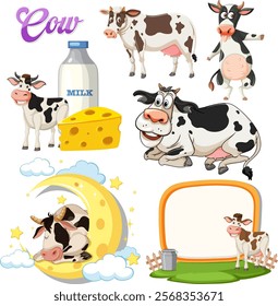 Cartoon cows with milk and cheese elements