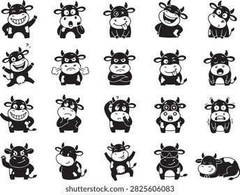 Cartoon cows with various funny and expressive faces isolated on white background isolated on transparent background