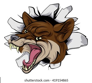 A cartoon coyote animal sports mascot cartoon character breaking through background