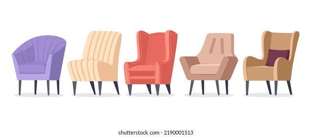 Cartoon cozy armchairs, modern furniture elements. Comfy apartment soft armchairs flat isolated vector symbols illustration set. Trendy furniture collection