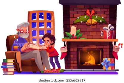 Cartoon cozy Christmas home scene with grandfather reading book to child boy near winter snowy window, brick fireplace decorated with bells, candles and holly, stockings beside burning fire, gift box.