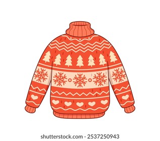 Cartoon Cozy Christmas Sweater In Red With Festive Pattern Featuring Trees Snowflakes And Hearts Perfect For Holiday