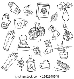 Cartoon cozy cute knitting set with different elements on white background