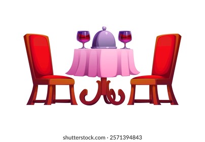 Cartoon cozy, elegant dining setup featuring two red chairs, a round table with a pink tablecloth, a cloche, and wine glasses, ready for a romantic dinner, Love dating and fine valentine day dining