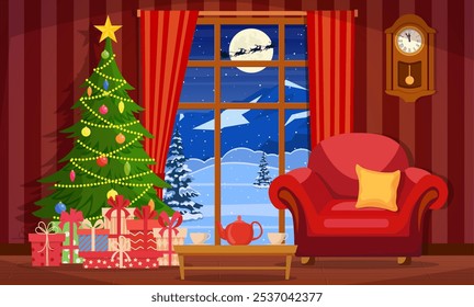 Interior acogedor de la historieta de la sala de estar con la ventana, sillón, mesa, árbol de Navidad. Decoración feliz del año Nuevo. Ilustración vectorial plana