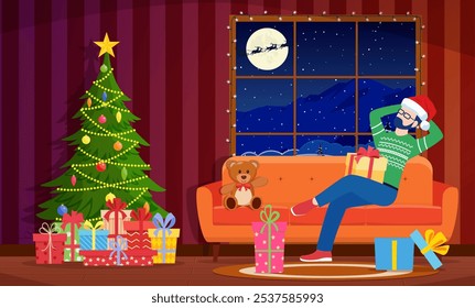 Cartoon Cozy Interior of Living Room with man on Sofa, Christmas Tree. Happy New Year Decoration. Merry Christmas Holiday. New Year and Xmas Celebration.Vector illustration in flat style