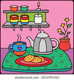 Cartoon Cozy Tea Time Illustration with Teapot, Cookies, and Cups