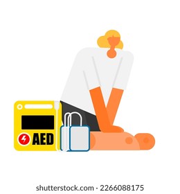 Cartoon of CPR with AED by one person.