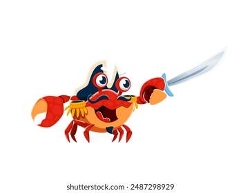 Cartoon crab animal pirate captain character. Vector crustacean underwater corsair brandishes a shiny saber, donning a tricorn hat and epaulets. Its claws are ready for adventure on the high seas