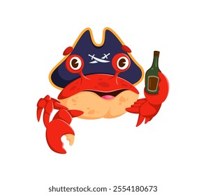 Cartoon crab animal pirate and corsair character with rum bottle. Isolated vector funny filibuster crustacean personage ready for adventures and jovial seaside escapade, exudes spirit of the high seas