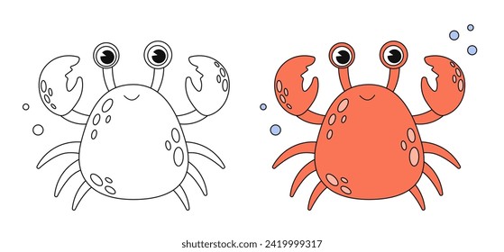 Cartoon Krabbenfarben-Buchseite mit bunter Vorlage. Cute crab colorig Buch. Unterwasserleben, Meerestiere. Hübsche Krabbe einzeln auf der Kontur. Kinder Tiere färben Buchseite. Vektorgrafiken