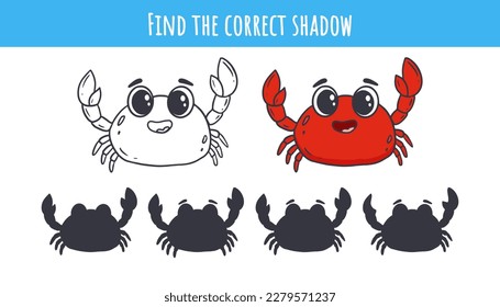 Cartoon crab coloring . Find the correct shadow. Educational game for children. Vector illustration