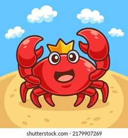 Cartoon Crab with Crown Sand Beach