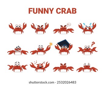 The cartoon crab displays a range of funny facial expressions, from puzzled to delighted, captivating with its playful antics against a clean white background.